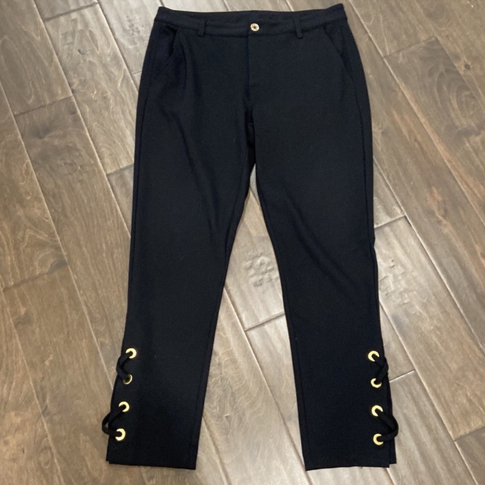 MICHAEL Michael Kors Ponte Cropped Ankle Pants Lace Up Hem Black Gold Grommets 8